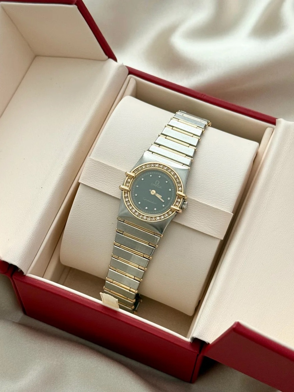Omega Two-Tone Ladies Diamond Bezel Watch with Black Dial